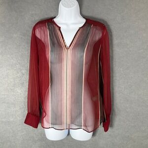 Lauren Ralph Lauren Sheer‎ Blouse Striped Long Sleeve V Neck Top Petite Small